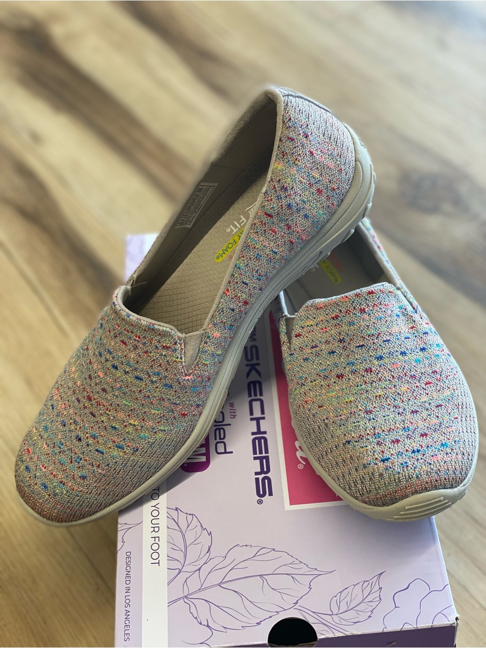 Skechers Beige Knit Slip-On Sneakers with Multicolor Flecks